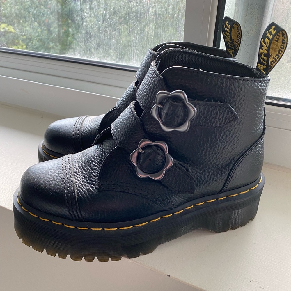 Dr Martens Devon Flower Buckle Leather Platform Ankle Boots